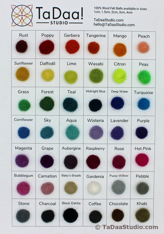Wool Felt Ball Sample Color Card - 42 colors