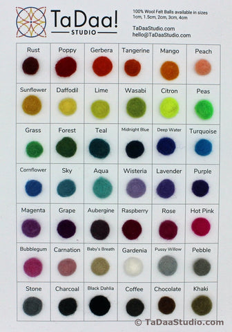 Wool Felt Ball Sample Color Card - 42 colors